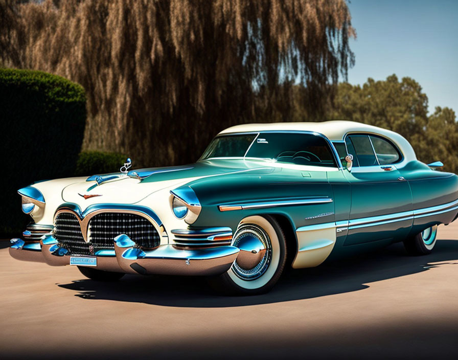 Classic Turquoise Car with Chrome Accents and Whitewall Tires in Driveway