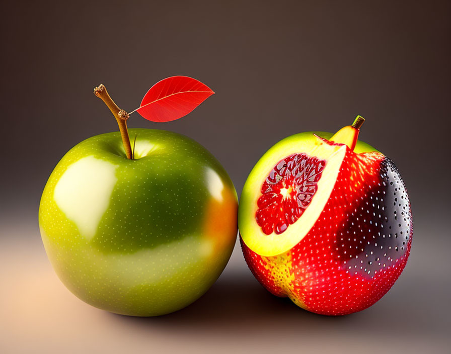 Green and hybrid apple with pomegranate-like texture on red leaf, gradient background.