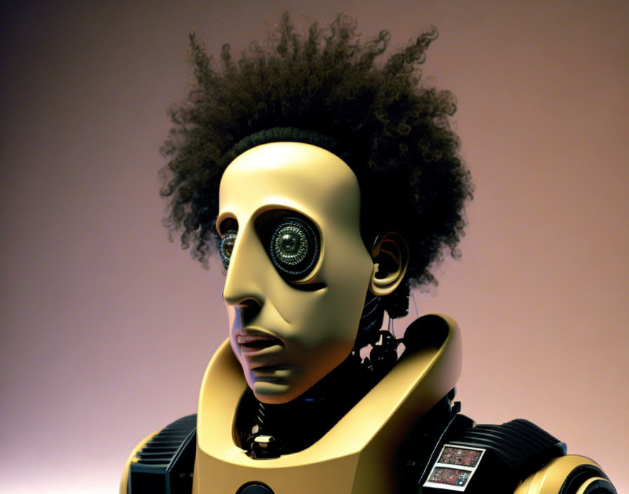 Detailed humanoid robot with afro hairstyle, spiral eye, yellow and black neck.