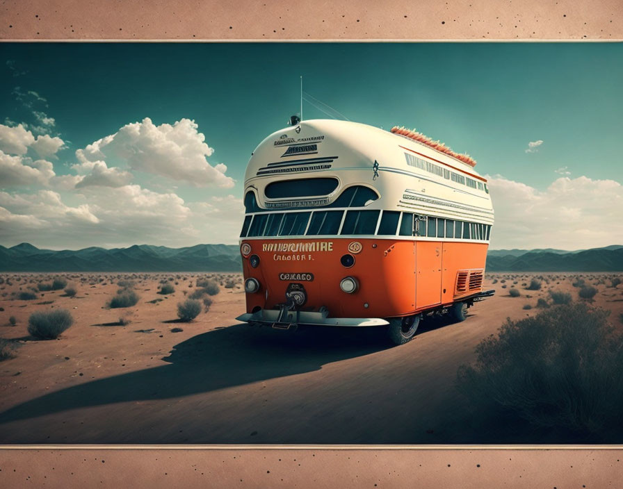 Vintage Orange Bus Converted into Mobile Home in Desert Oasis