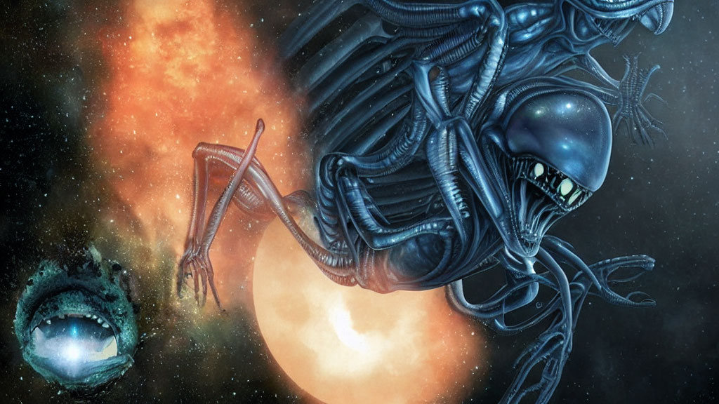 Biomechanical alien creature floating in cosmic space