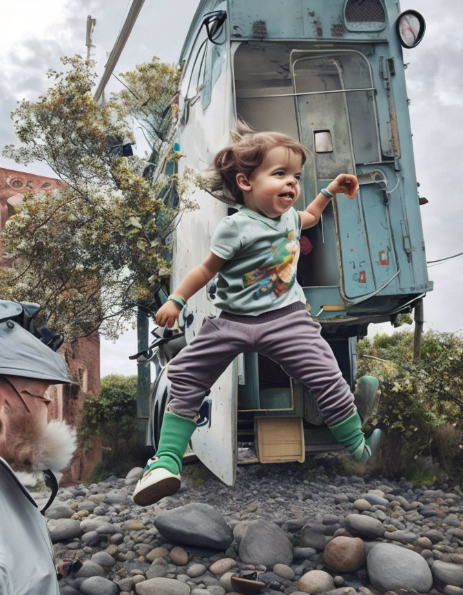 Smiling toddler lifted by adult near vintage train caboose