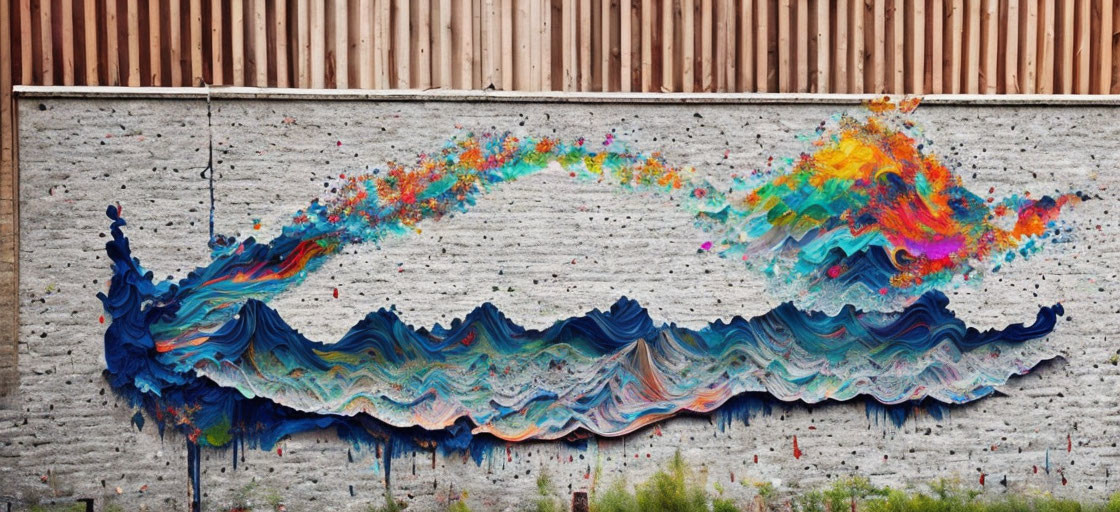 Vibrant wave-themed street art mural on concrete wall