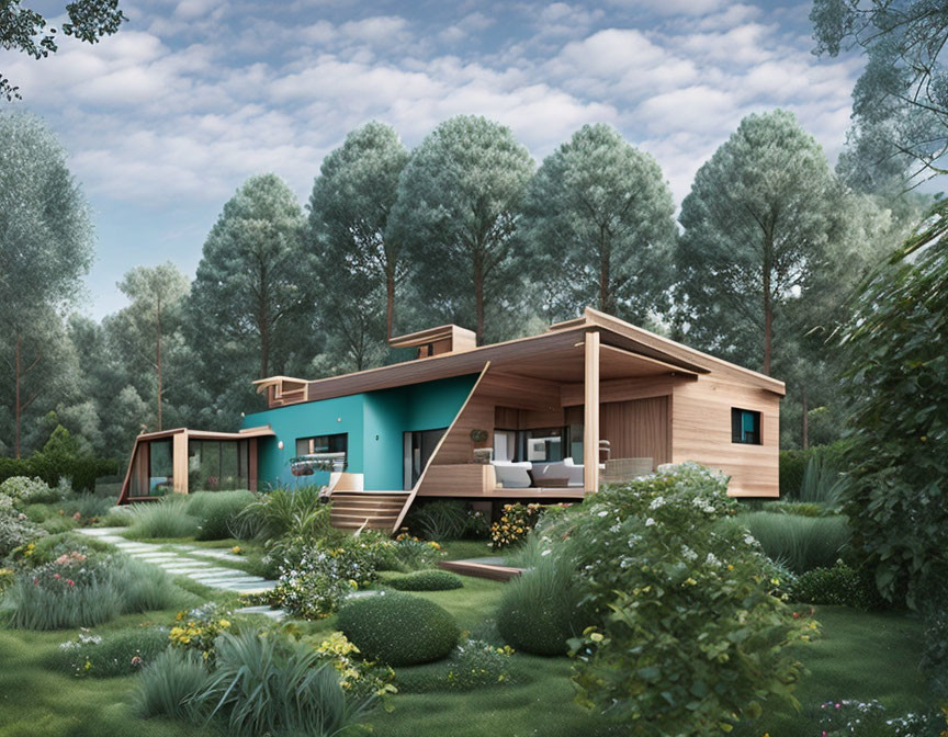 Modern Wooden House with Turquoise Facade in Lush Green Garden