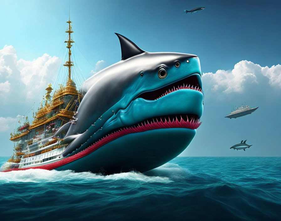 Surreal digital artwork: Smiling shark merged with golden ship