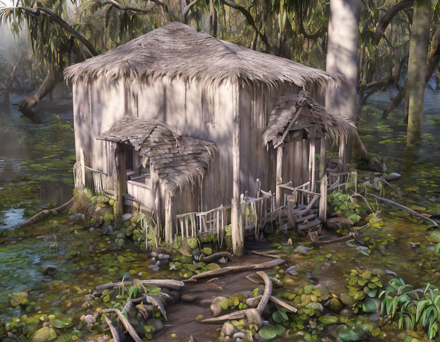 Rustic thatched hut in swampy forest with wooden fence