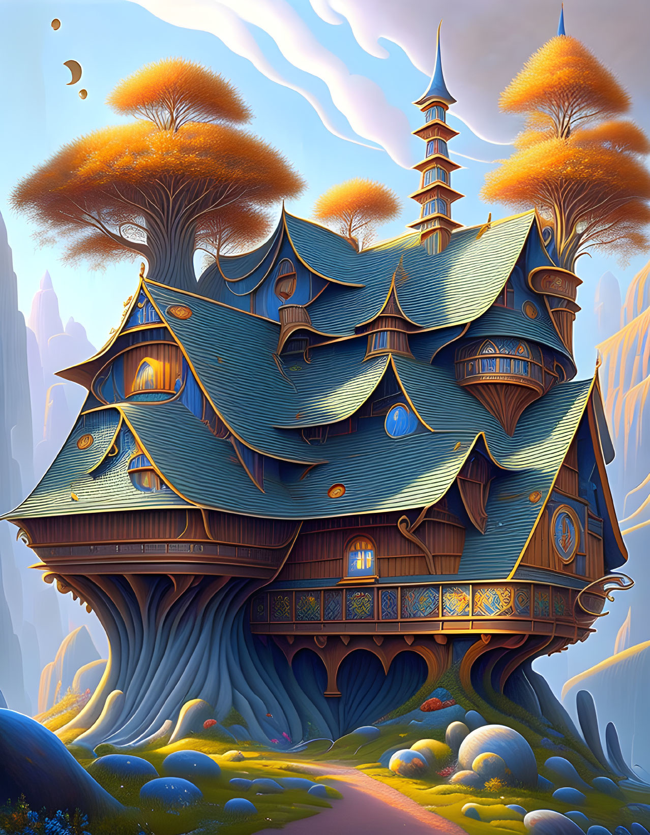 Fantasy treehouse illustration with glowing windows and mountain backdrop