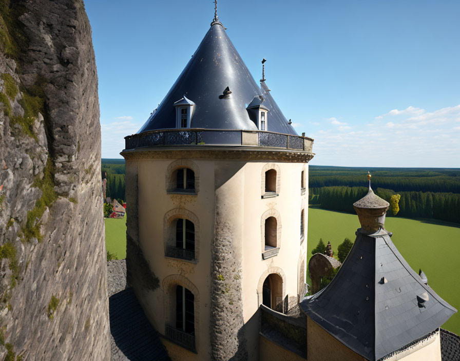 Medieval-style tower with pointed roof by cliff and green fields