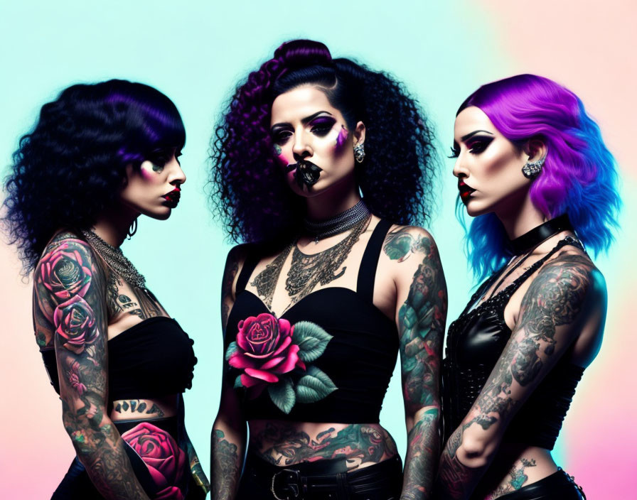 Three women with vibrant hair, tattoos, and gothic makeup against pastel backdrop