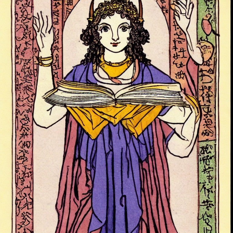 Illustrated woman in purple & gold robe with open book, surrounded by tree branches and symbols on pink