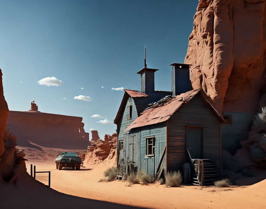 Vintage car and old wooden house in desert with red sandstone formations