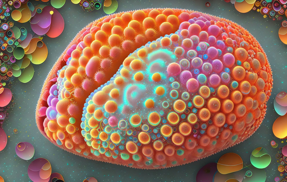 Vibrant digital artwork: Elliptical cell structure with multi-colored bubbles on textured background