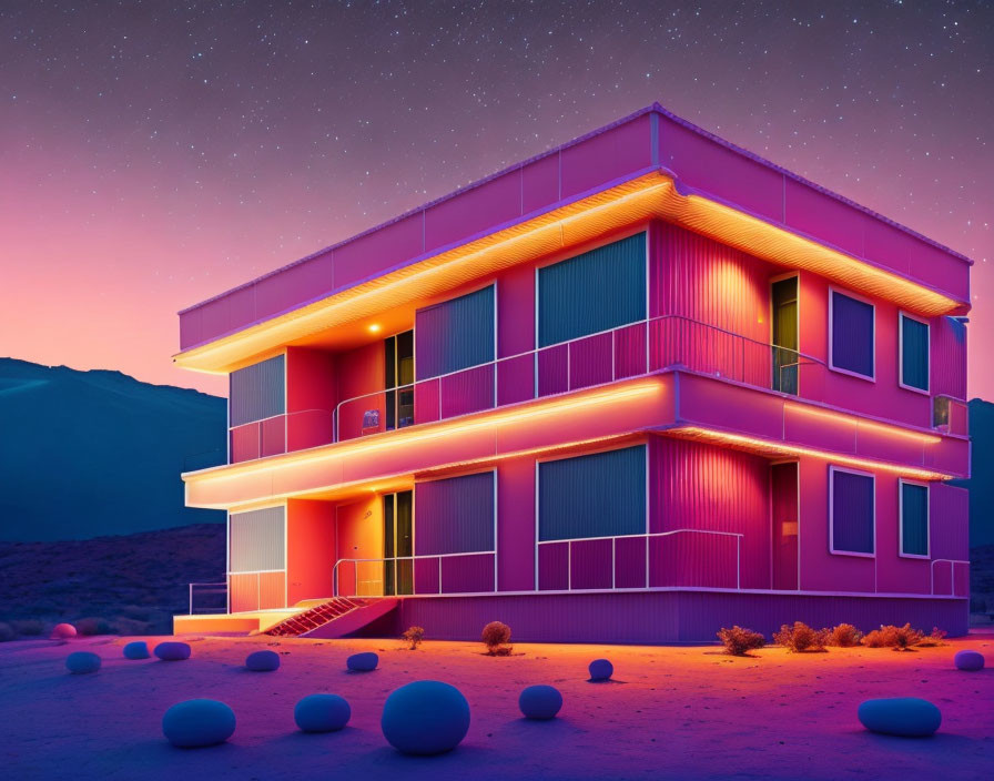 Vibrant pink and purple neon-lit two-story building at twilight