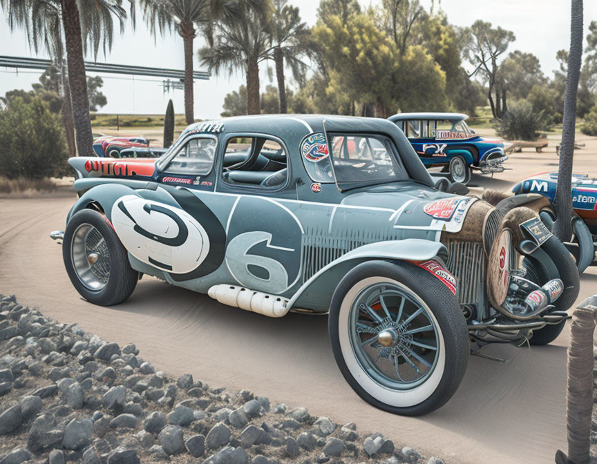 Vintage Racing Cars with Sponsorship Decals on Gravel Road Amid Trees