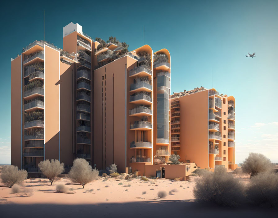 Desert apartment buildings with balconies and airplane in the distance