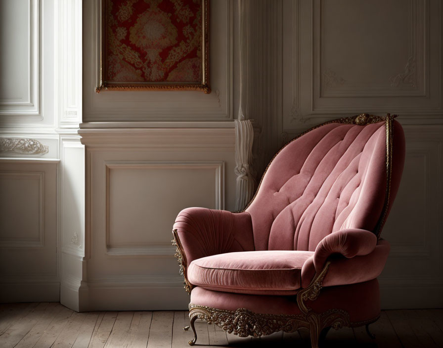 Luxurious Pink Velvet Armchair with Golden Details in Classic Room