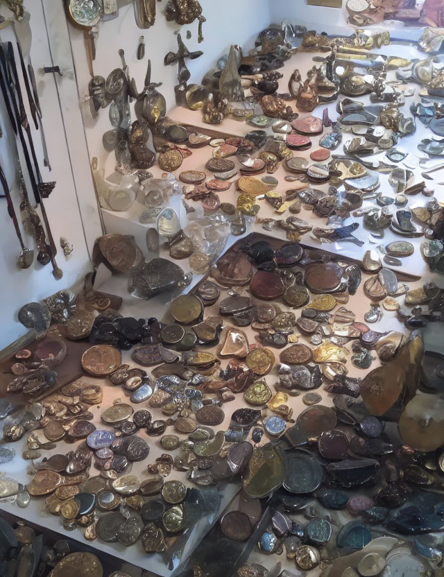 Collection of Metal Artifacts: Coins, Medallions, and Sculptures on Flat Surface