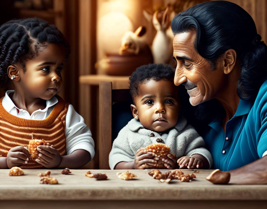 Elderly man with young girl and toddler enjoying cookies at a table