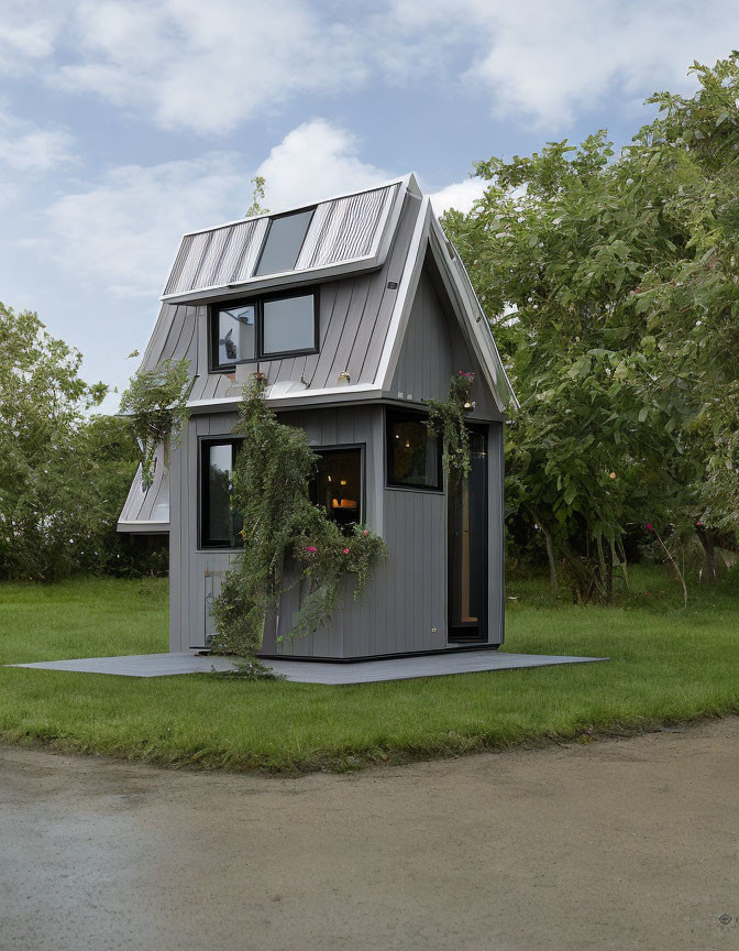 Gray two-story house with metal roof, large windows, front porch, greenery, cloudy sky