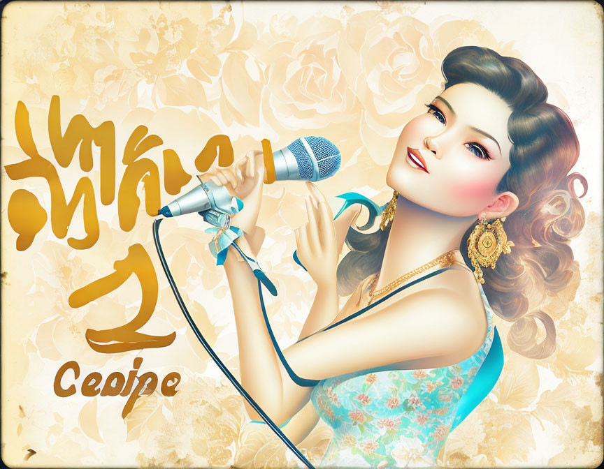 Woman singing with microphone in stylized illustration amidst roses and Asian script.