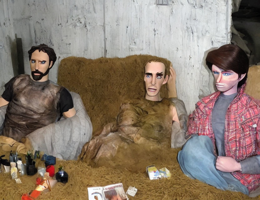 Three life-size puppets with exaggerated facial features on a couch with small objects around