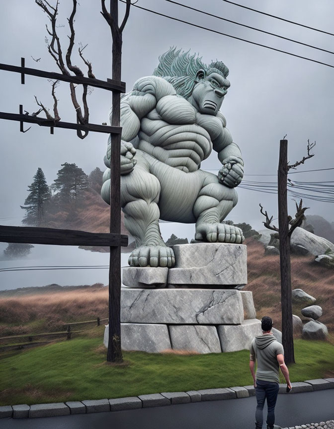 Massive stone creature on pedestal observed by man in misty landscape