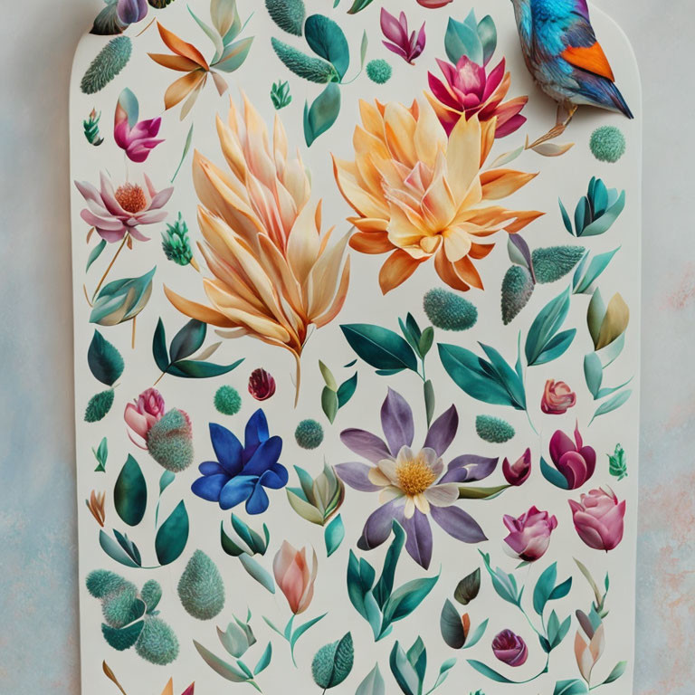 Vibrant flowers, leaves, and bird on decorative surface