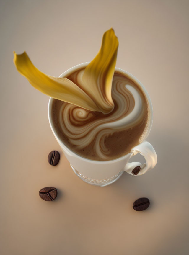 Artistic swirl of cream on coffee with flower-like pattern & scattered beans on beige surface