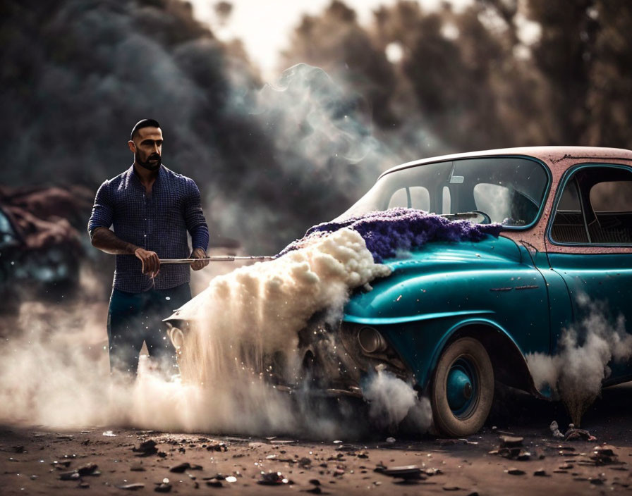 Man in blue shirt next to classic car emitting purple smoke in outdoor scene.