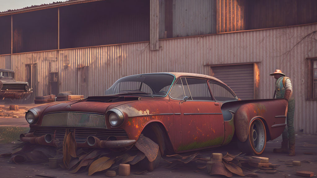 Man in hat inspects rusty vintage car near barn at sunset