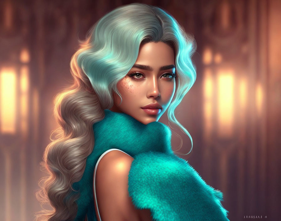 Digital illustration of woman with turquoise hair and freckles against warm glowing background.