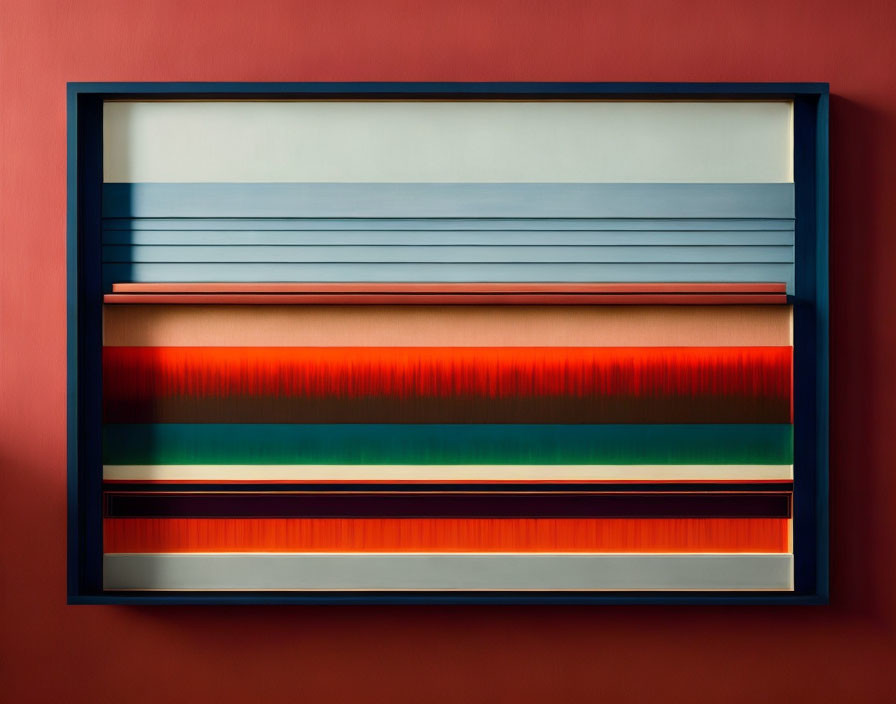 Abstract Horizontal Striped Artwork in Blue, White, and Red on Terracotta Background