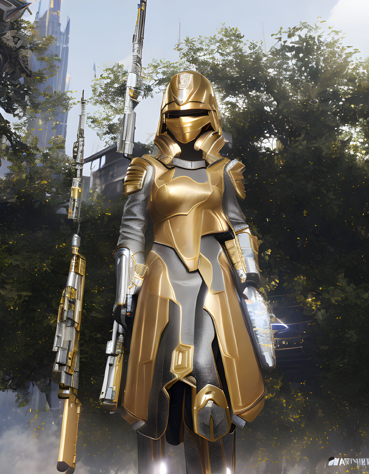 Futuristic warrior in golden armor with gleaming spear in lush greenery and high-rise backdrop