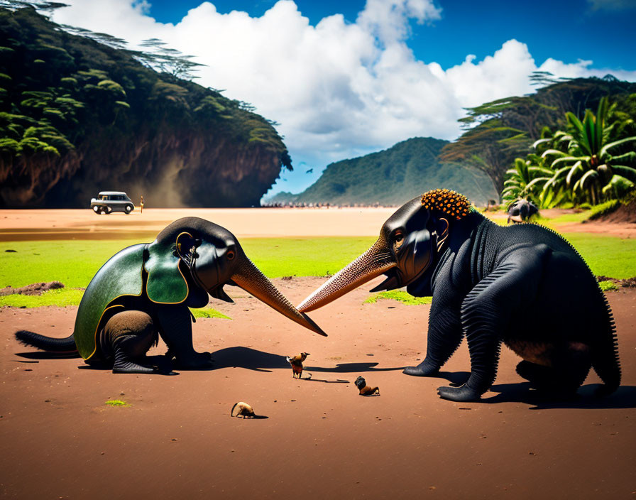 Armored elephant-like creatures on sandy beach with vehicle and lush landscape.