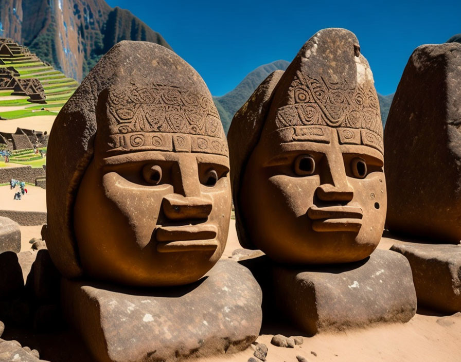 Carved Stone Heads with Detailed Designs on Green Terraced Hills