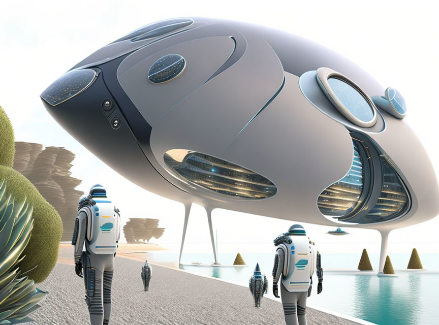 Organic design futuristic building on beach with space-suited figures