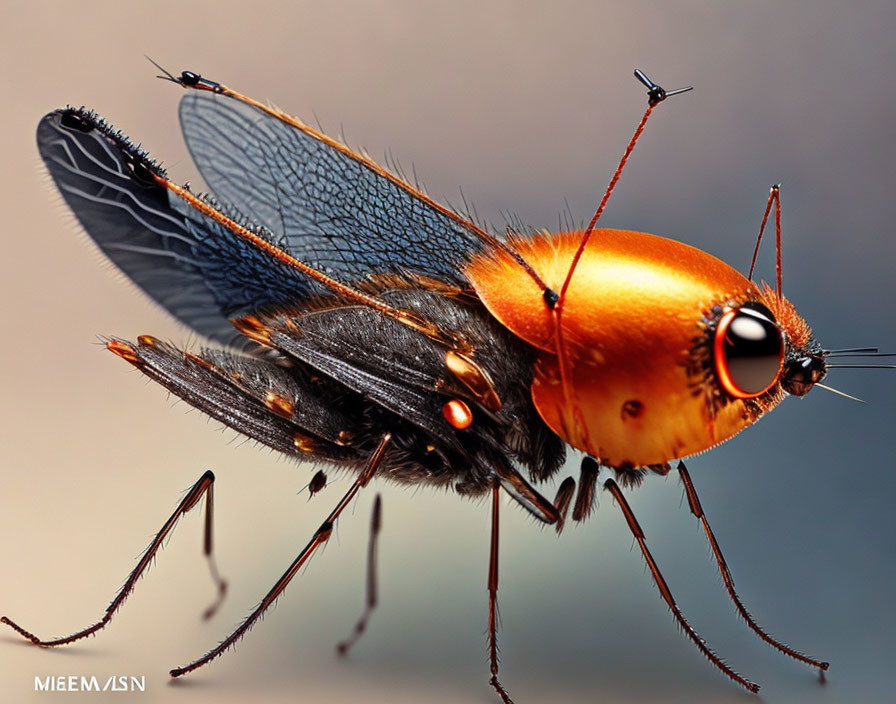 Detailed Close-up of Orange and Black Fly with Large Compound Eyes