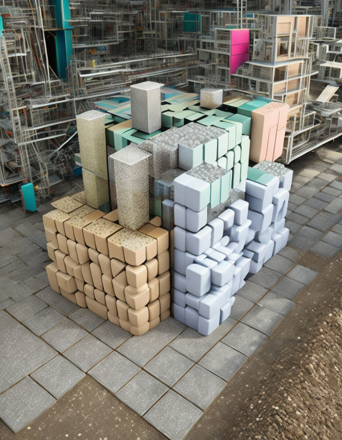 Organized 3D Geometric Shapes on Pavement with Construction Site Background