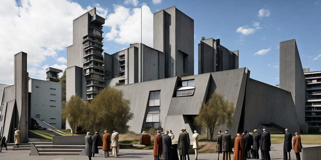 Geometric Concrete Structures with People in Coats Under Cloudy Sky