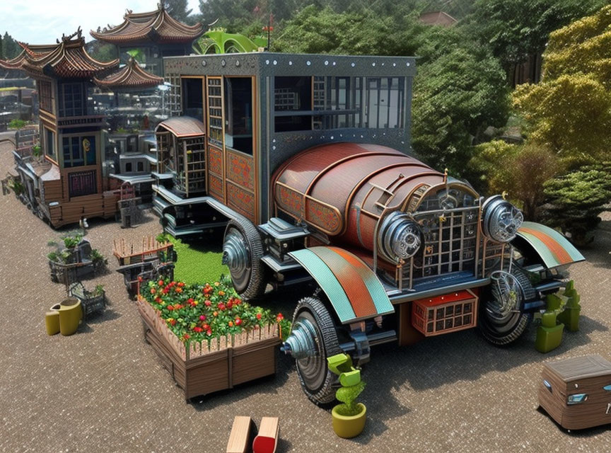 Traditional Asian architectural elements on fantastical rolling vehicle.