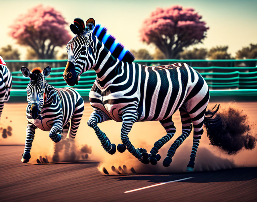 Zebras racing on track with pink blossoming trees