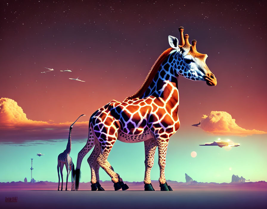 Surreal desert scene: giraffes with starry patterns under twilight sky.