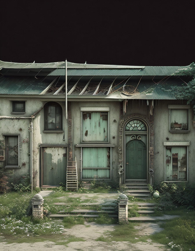 Weathered two-story house with overgrown yard