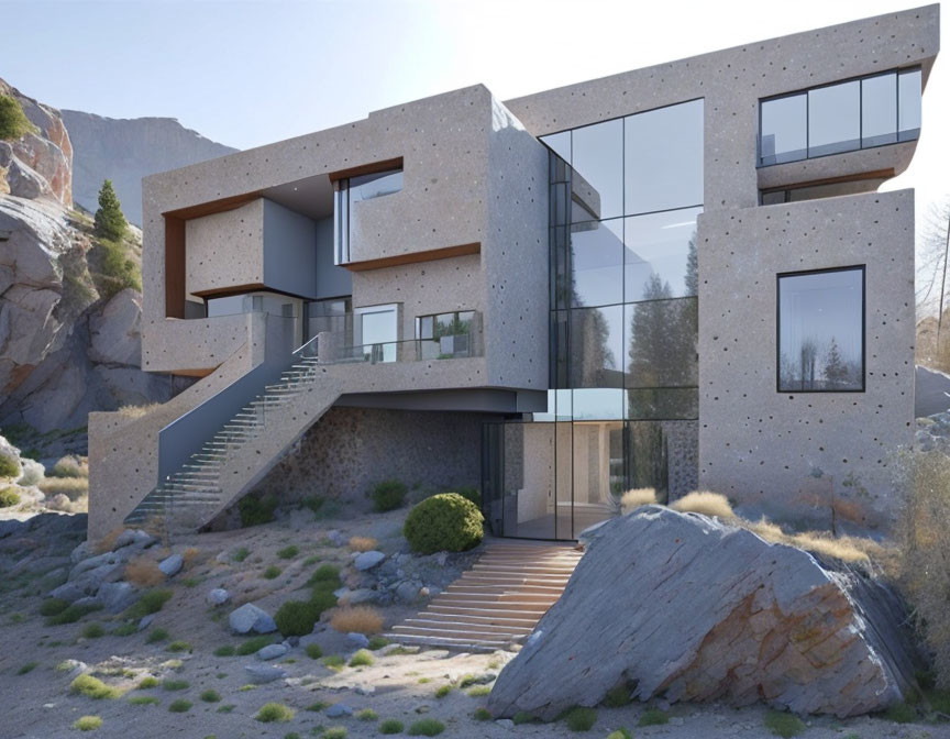 Modern Concrete House with Large Windows and External Staircases in Rocky Landscape