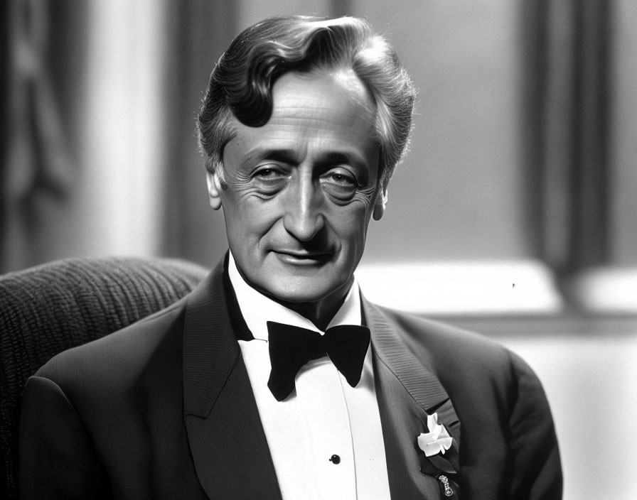 Smiling man in tuxedo with bow tie and flower portrait.