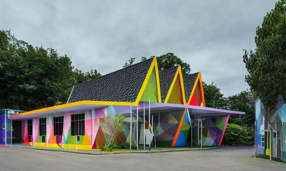 Colorful modern building with geometric design and bright neon colors against green trees