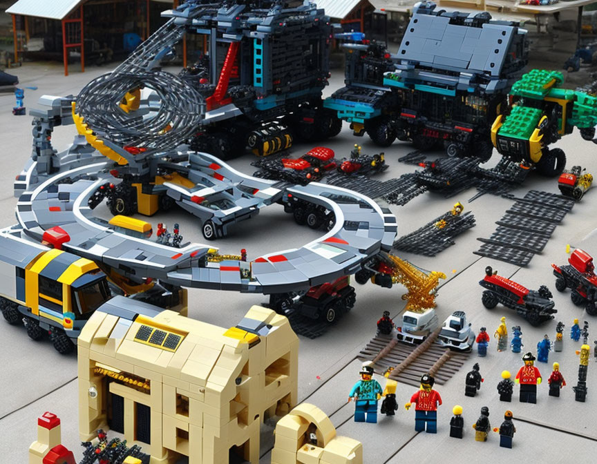 Colorful LEGO amusement park scene with rollercoaster and vehicles