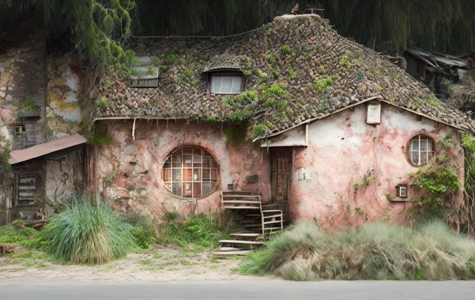 Rustic Stone House with Round Windows and Moss-Covered Roof