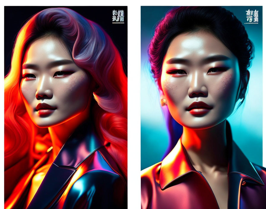 Stylized portraits of a woman with glowing skin and futuristic lighting.