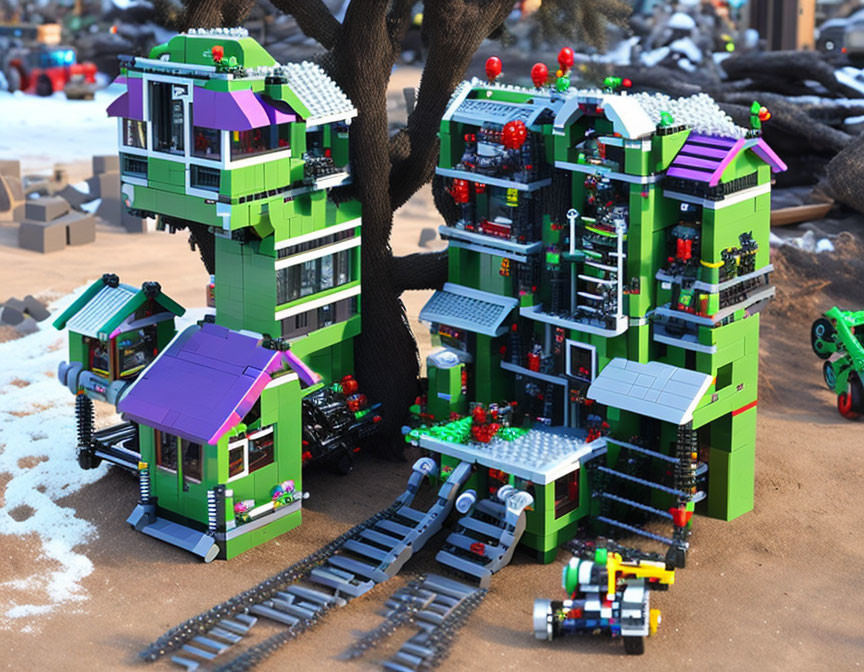 Vibrant LEGO treehouse with detailed rooms and accessories on sand and rocks